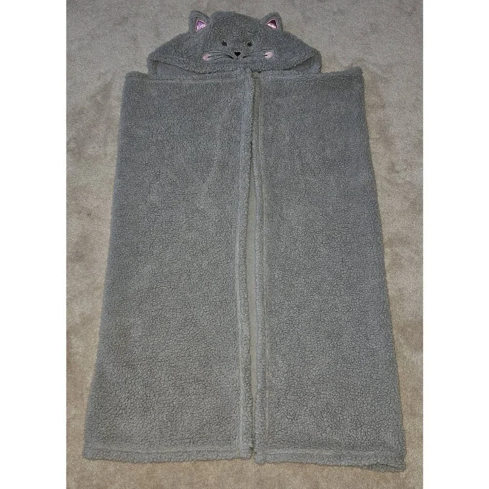 Silver One Gray Kitty Cat Hooded Blanket Soft Sherpa 39x53 Youth Boy Girl